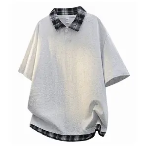 Men’s patchwork polo-style short-sleeve T-shirt for summer, heavyweight loose casual fit, paneled design with a faux two-piece look, plaid pattern; unisex, trendy streetwear brand style.