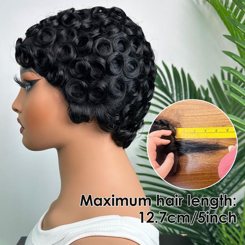 ShowReal 025 Short Pixie Cut Egg Wavy Curly Bomb Black Colorful Mommy Wig Pin Curls Brizalian Virgin Human Hair Cute Style Wigs For Black Women Daily Party Use
