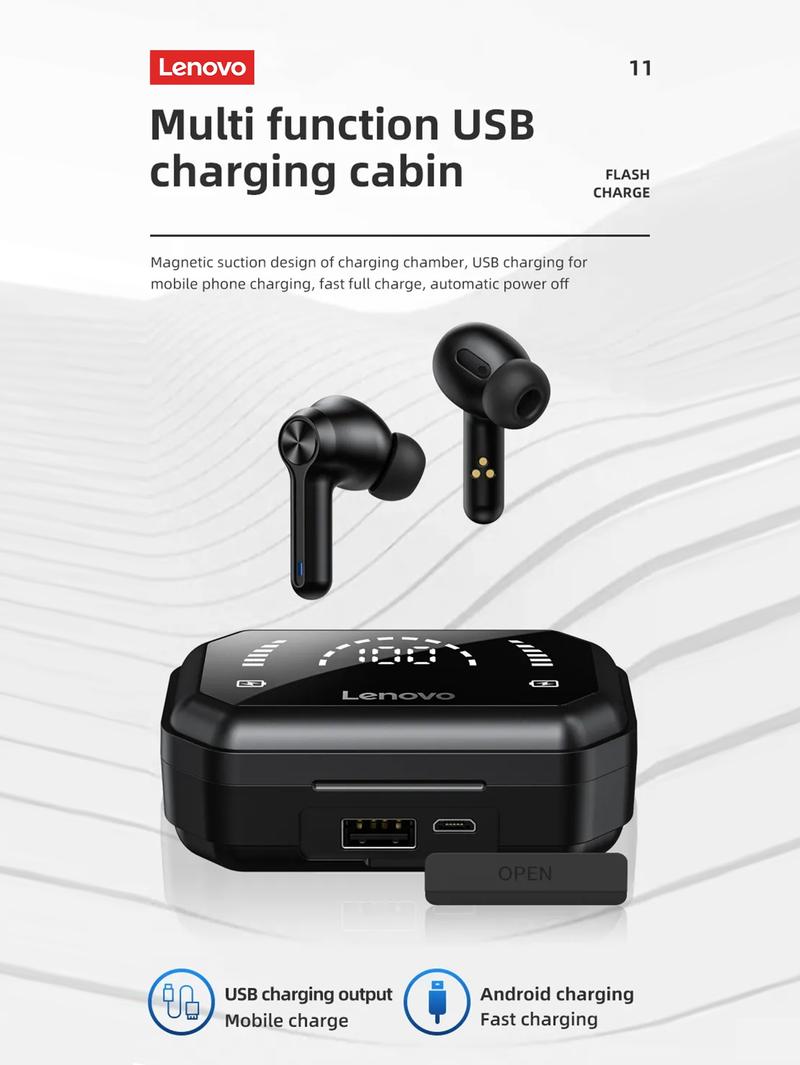 Lenovo LP3 Pro In-Ear Wireless Headphones with Bluetooth 5.0, Hi-Fi Sound Quality, LED Power Display, IPX5 Waterproof, 1200mAh Charging Case Doubles as Emergency Power Bank for Phones
