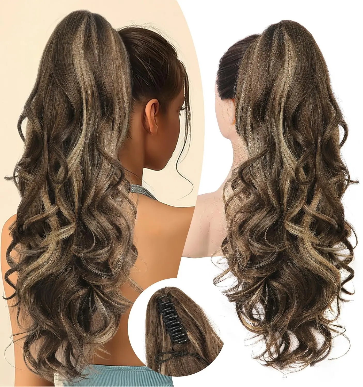 N NAYASA Ponytail Extension, 24" Claw Clip in Ponytail Extensions Long Curly Wavy Ponytail Hair Extension Jaw Clip on Pony Tails Hairpiece for Women