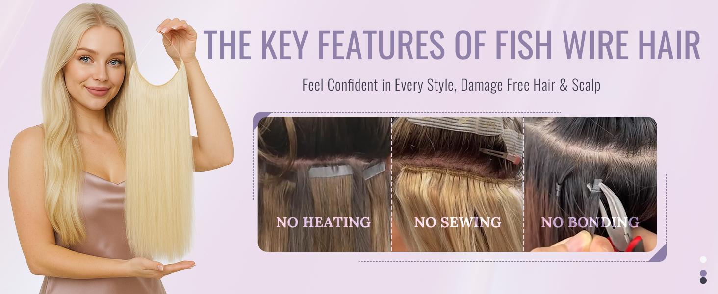 Full Shine Wire Weft Hair Extensions Human Hair Invisible Fishing Wire Adjustable
