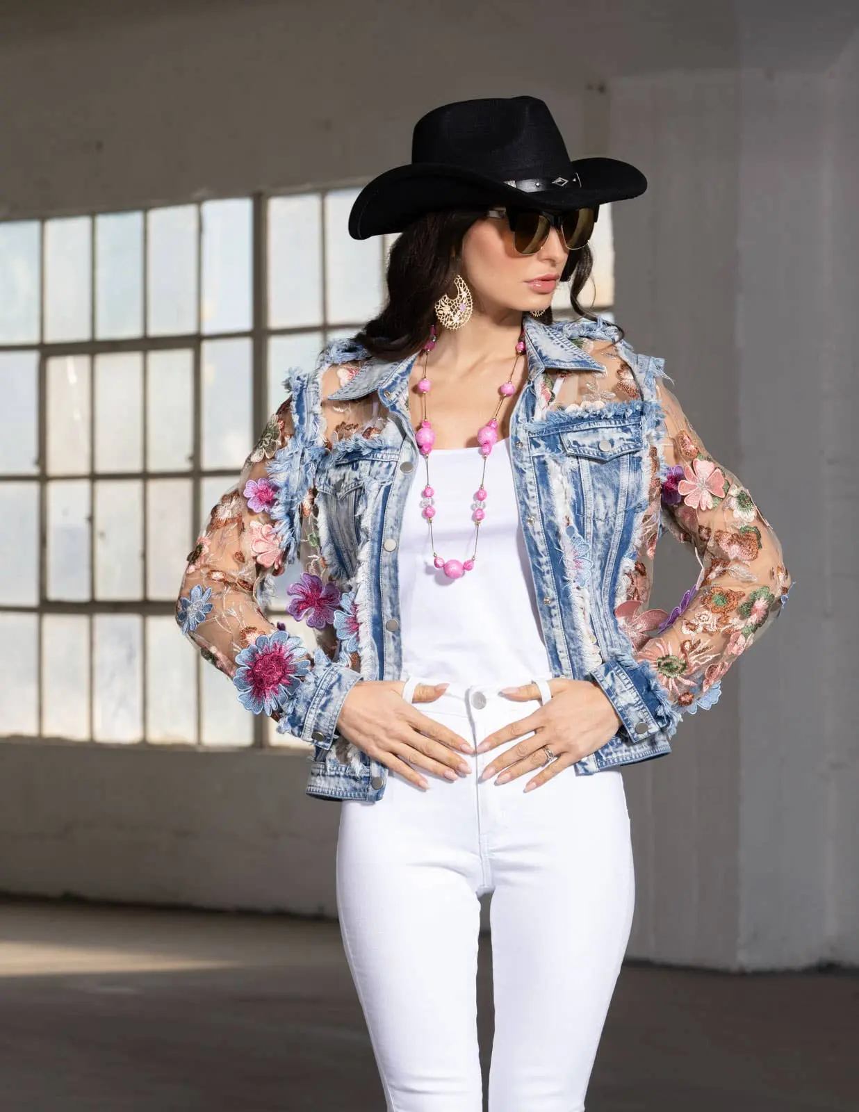 J’Adore Embroidered Denim & Lace Bohemian Jacket - Vintage Floral Statement Piece