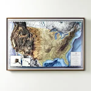 3D USA Topographic Map Wall Art Framed Vintage Style Raised Relief Detailed Topography Gift for Dad Teacher Home Office Decor