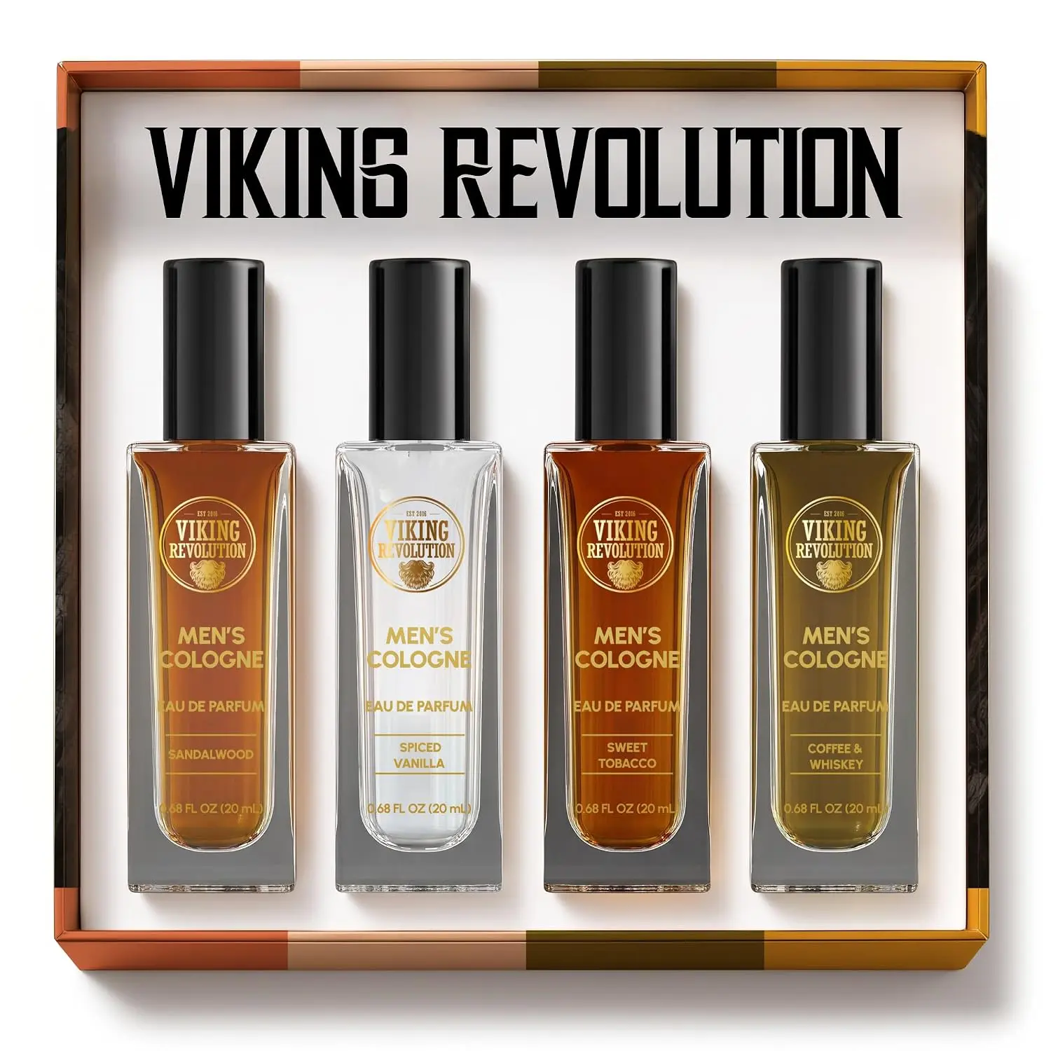 Viking Revolution Mens Cologne Sampler Sets - Travel Size Cologne for Men with Sandalwood, Spiced Vanilla, Coffee & Whiskey, Sweet T - Perfume Gift Set (4 Pack, 0.68fl oz each)