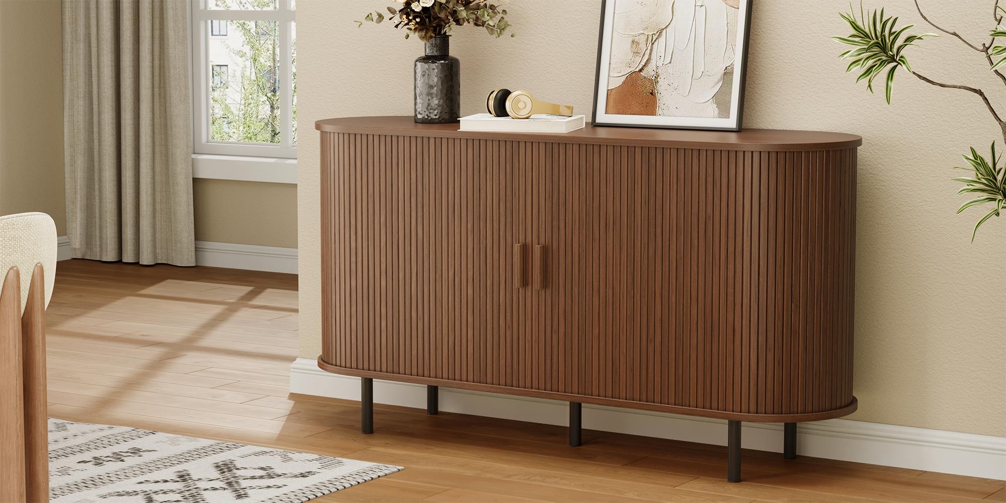 【SPOTLIGHT DAY & Sliding Doors Design】ONBRILL 40/55/63" Gorgeous Fluted Buffet Cabinet, Coner Coffee Bar With Storage,  Mid Century Modern Sideboard with Adjustable Shelf, Accent Wood Console Table for Kitchen Entryway Living Room Furniture