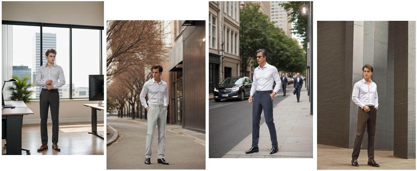 Plaid&Plain Men's Dress Pants Slim Fit Stretch Khaki Pants Menswear Wrinkle Free Men's Dress Pants