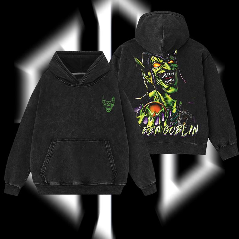 Superstyle The Supervillain Green Goblin "Norman Osborn" Spidey-man Superhero MCU Comics Edition Double Printed Oversize Lightweight Acid Washed Tee Hoodie Sweater TV Series Graphic Design Top Cotton Streetwear Comic Superheroes T-Shirt Clothes Menswear