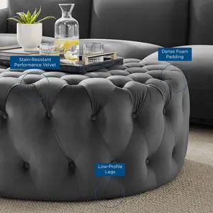 Modway Amour Tufted Button Large Round Performance Velvet Ottoman in Gray