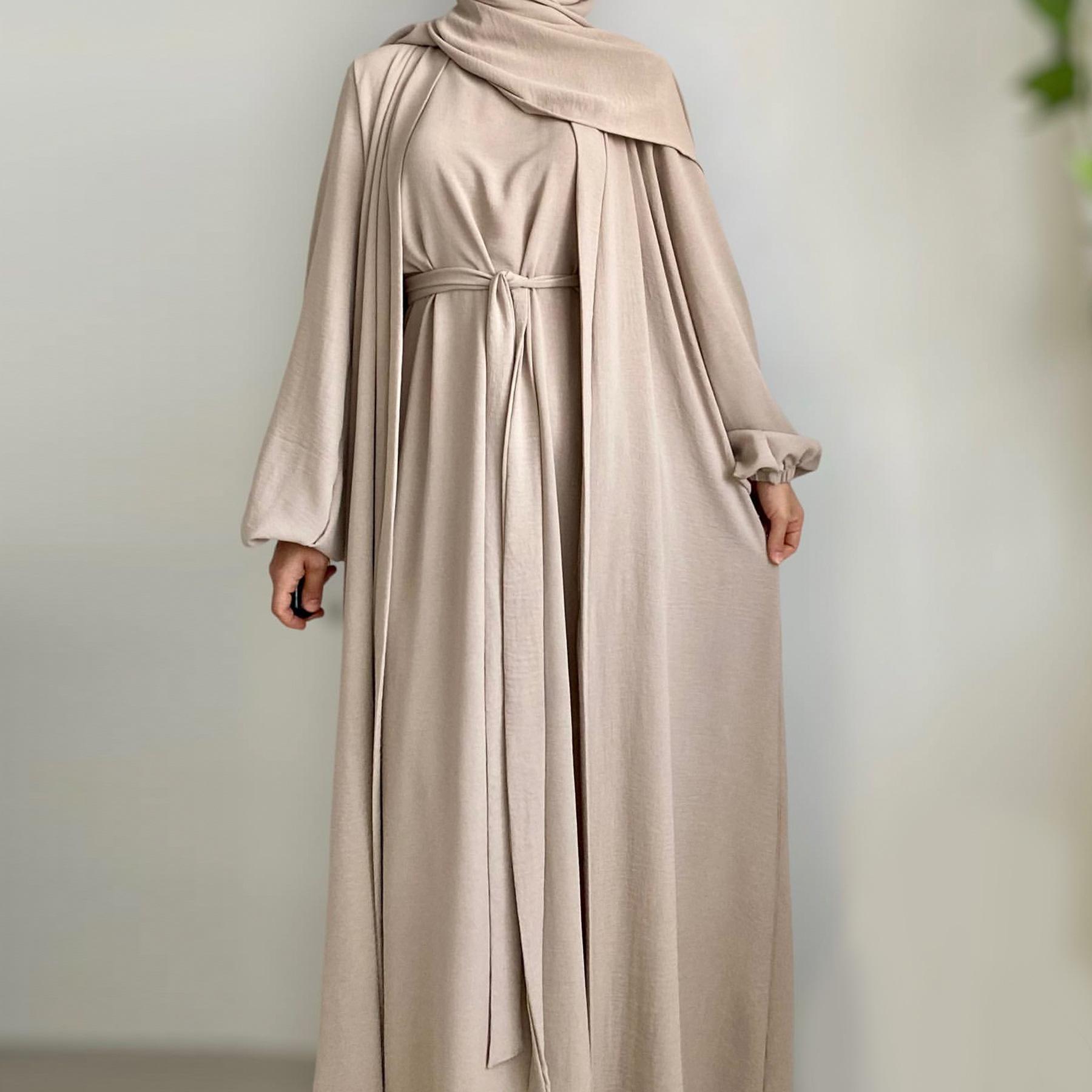 MOA092 Solid Color Elegant Open Abaya with Pockets 3-Piece Set for Women Breathable Fabric Full Length Jilbab Summer Outfits Modern Midi