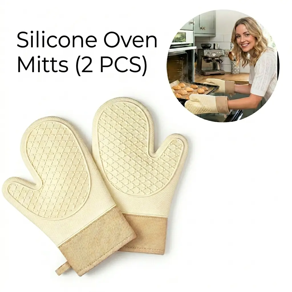 Silicone Oven Mitts 2PCS, Heat Resistant Kitchen Gloves up to 450°F, Non-Slip Waterproof BBQ & Baking Gloves with Soft Cotton Lining, Universal Fit Cooking Oven Gloves for Grill, Baking & Cooking, White