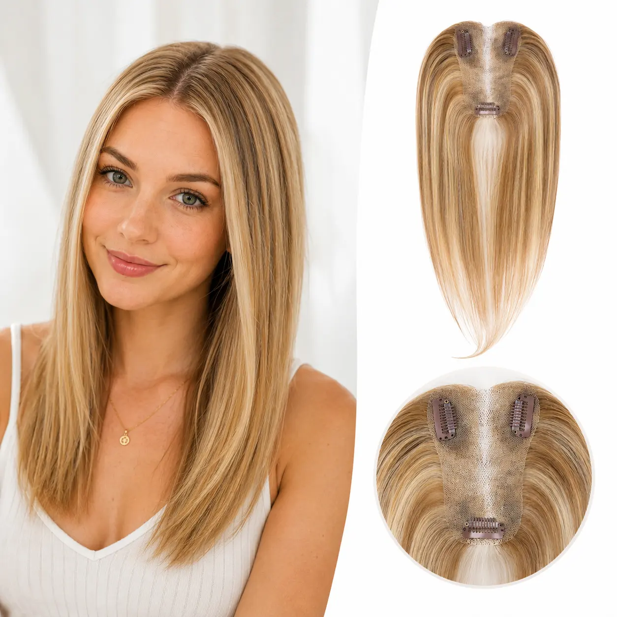 EC 27g Lightweight Hair Topper for Women with Thinning Crown, 14-Inch Straight Synthetic Crown Hairpiece, 7.5×11cm Hand-Tied Breathable Lace Front, Glue-Free Wear for Root Blending & Soft Natural Volume