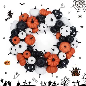 Garvee 18 Inch Halloween Fall Wreath for Front Door, Black Orange White Artificial Pumpkin Wreath for Fall and Halloween Indoor Outdoor Home Party Decor