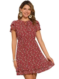 INSPIRE CHIC Ruffle Sleeve Self-Tie V Neck Above Knee Ruffled A-Line Floral Chiffon Dress