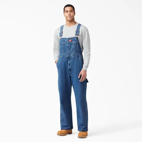 Dickies Stonewashed Indigo Bib Overalls,Durable Wear,Multiple Pockets,Hammer Loop,Classic Workwear Style