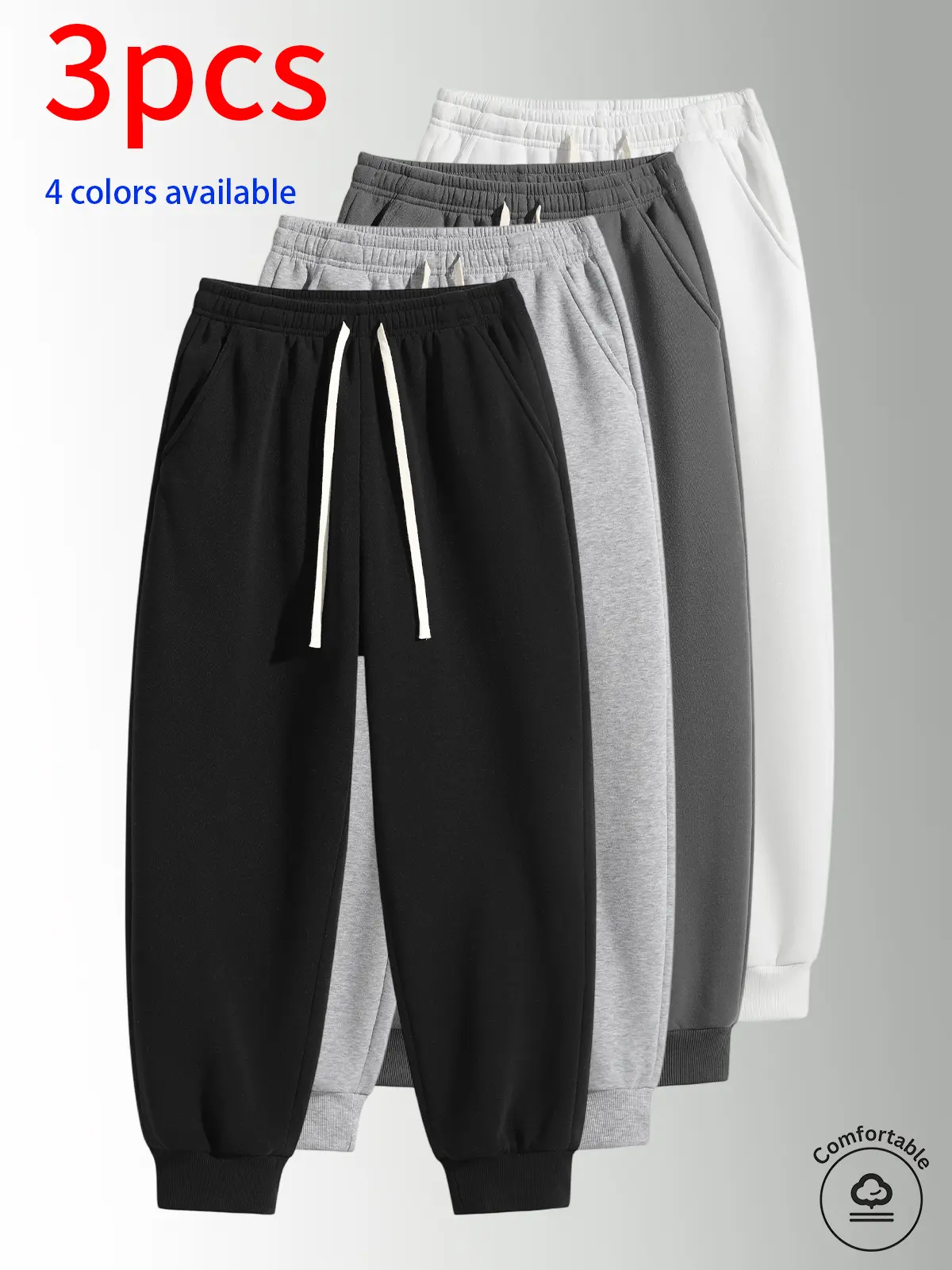 3-Pack Men’s Pants: men’s long pants, men’s sweatpants, men’s jogger pants. Soft, skin-friendly knit pants with a gathered hem, elastic waistband with drawstring design; loose fit that conceals curves and looks slimming. Suitable for everyday casual wear,