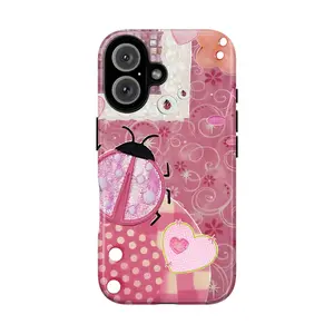 Whimsical Pink Ladybug Phone Case Cute Cottagecore Aesthetic Adorable Ladybird Patchwork Polka Dot Floral Design Kawaii Vintage Garden Cartoon Art for iPhone 11 12 13 14 15 16 17 Perfect Gift for Her Him