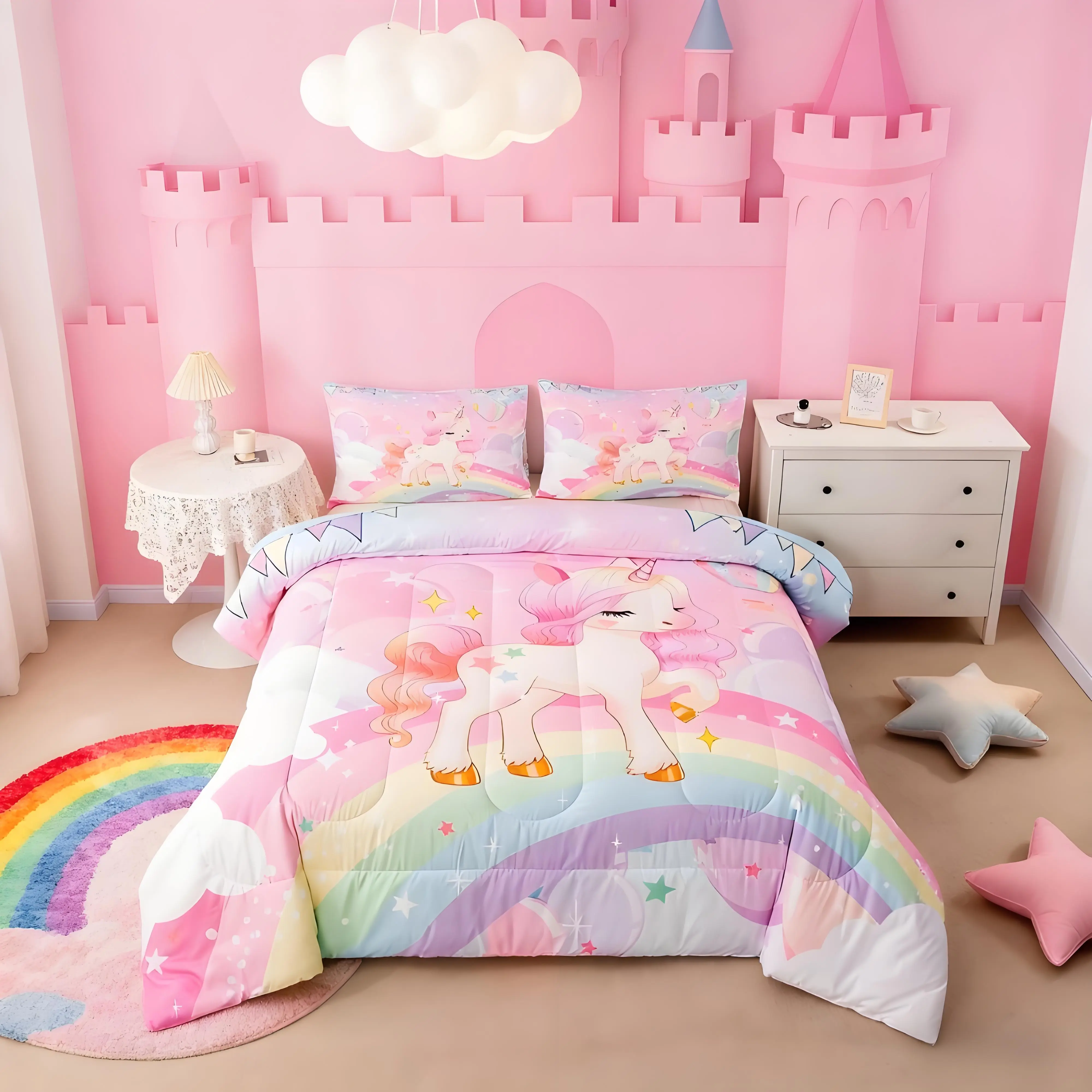 Feelyou Rainbow Unicorn Toddler Girl Bedding Set - Pink Kawaii, Reversible Soft Warm Bedding, Fuzzy Soft Comfy Blanket, Pillowcase Included, Lightweight Travel-Ready All-Seasons Girl Room Decor That Adds Whimsy to Any Bedroom