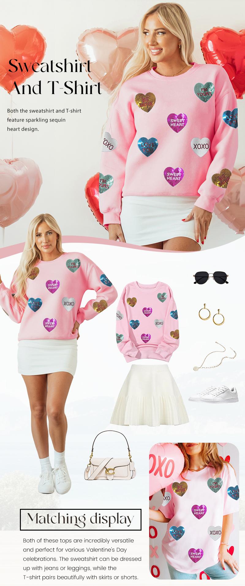 Dear-Lover Women's Pink Glitte Sequin Romantic Letters Heart Graphic Round Nreck Pullover Sweatshirt, Valentines Lettering Heart Patched Pattern Crewneck T Shirt