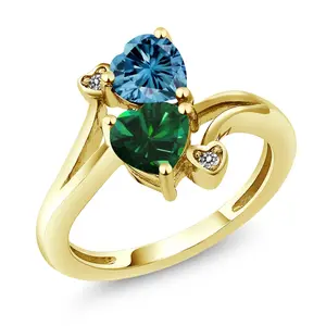 10K Yellow Gold Diamond Accent Ring Heart Shape Persian Blue Moissanite and Nano Emerald Green (1.53 Cttw)
