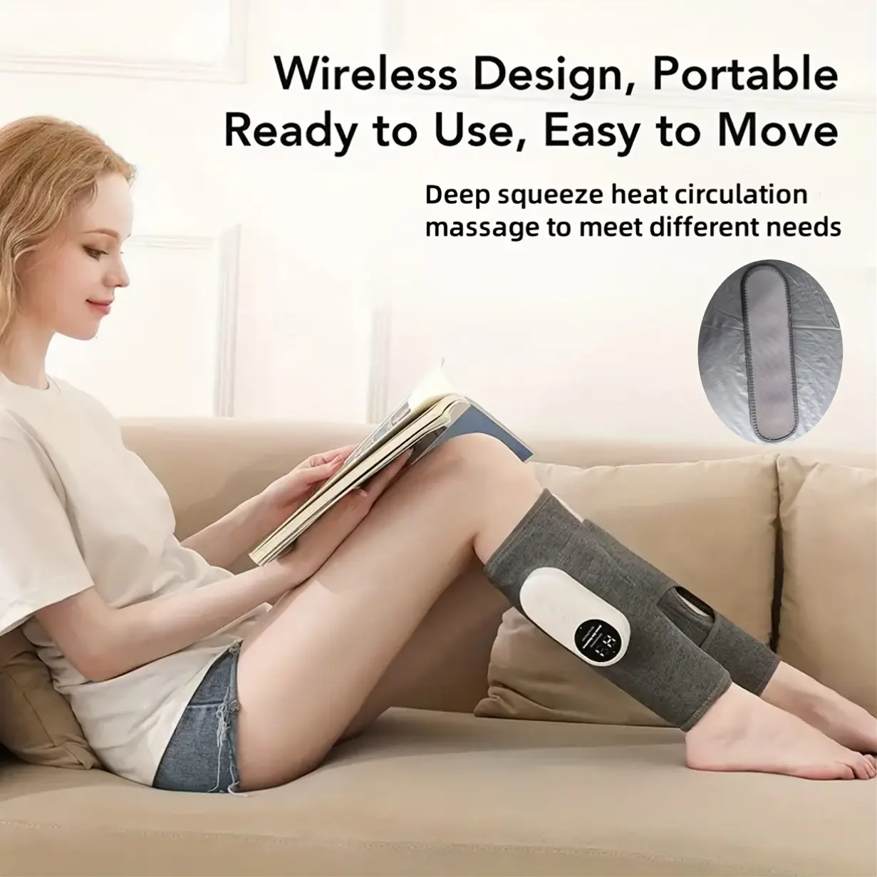 A leg massager specifically designed for calf compression, utilizing pneumatic pressure, featuring three intensity levels and an easy-to-use interface. Suitable for feet, legs, thighs, and knees. This wireless device is a perfect gift for Christmas and Mo