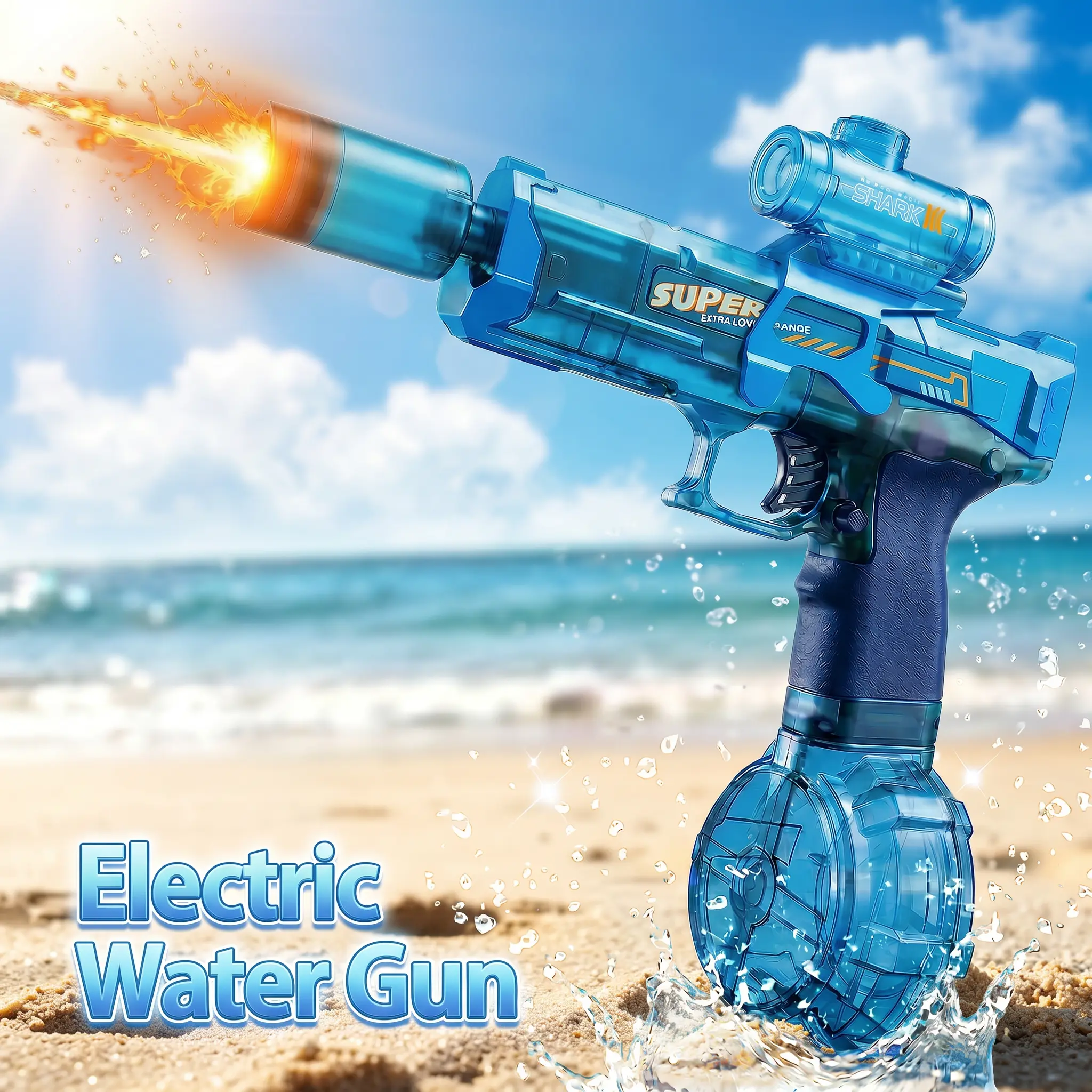 Unisex Kids' Automatic Rapid Fire Electric Waterblaster - Tactical Look, Large Drum Tank, LED Lights, Flashing LED Muzzle, Trigger, Scope, Outdoor Pool Toy, Birthday Gift