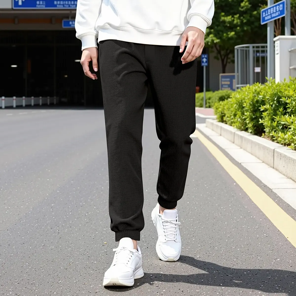 GINGTTO Menswear Men's Plain Soft Jogger Trousers - Waffle-Knit, Stretch Elastic, Tapered-Leg, Solid Color Streetwear Casual Sweatpants for Workout