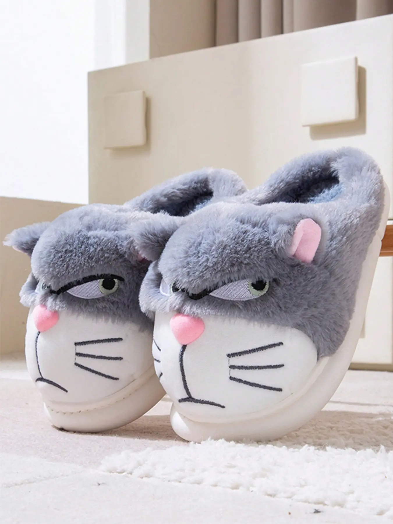 Men's Winter Cartoon Cat Plush Slippers, Warm Comfortable Thick Sole Cotton Shoes, Cute Home Wear for Couples, New Arrival, Footwear, Thick Bottom Slippers