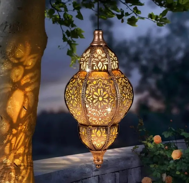Traditional Moroccan Solar-Powered Hanging Lantern - Waterproof Metal Mandala Cutouts Light, Durable Outdoor Decor Chandelier for Thanksgiving, Birthday, Cozy Vibe Patio Use