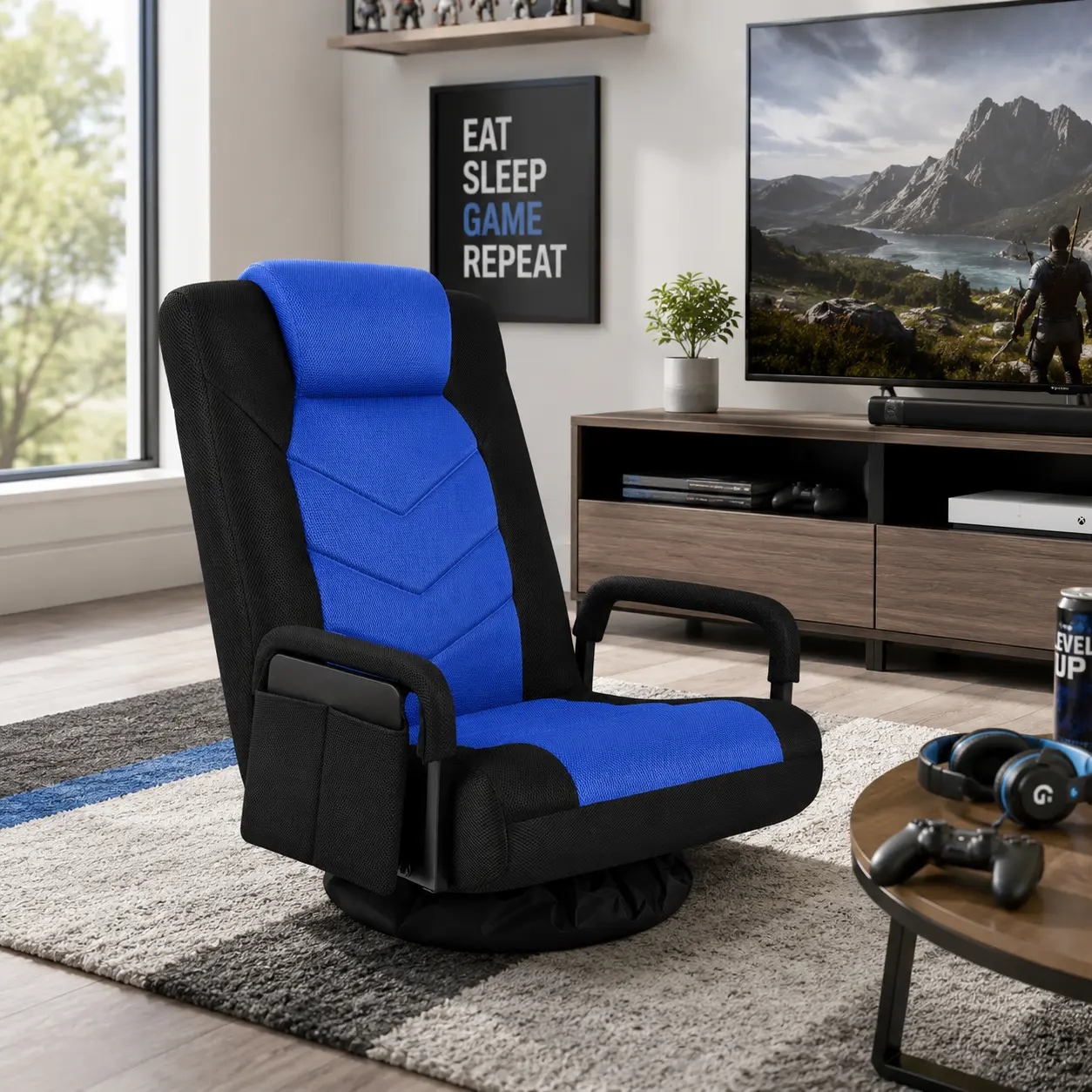 Costoffs Ergonomic Gaming Floor Chair - 360° Swivel, 6-Position Adjustable Video Gaming Chair with Armrests, Padded Headrest, Controller Pocket, Polyester & Iron Build for Gamers’ Bedroom, Game Room