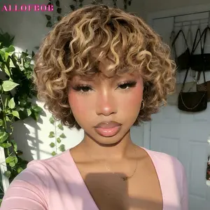 Glueless Curly Wigs Human Hair for Women Short Water Wave with Bangs Wear and Go Highlight Blonde Color Hair Wig Machine Made Daily or Work Use
