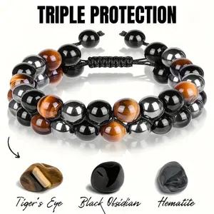 Triple Protection Bracelet, Tigers Eye Black Obsidian and Hematite 8mm Beads Bracelet for Men Women, Crystal Jewelry Stone Bracelets Christmas Gifts for Men Bring Luck Prosperity