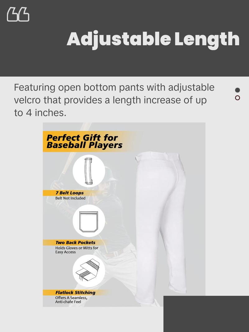Penveer Full Length Men's Baseball Pants, Open Bottom, Loose Fit Adult Baseball Pants with Adjustable Length (White)