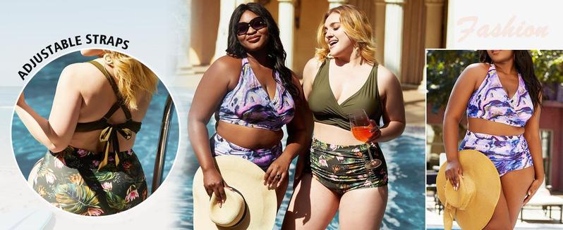 HN Women's Plus Size Halter V Neck Bikini Swimsuits High Waisted Ruched Tummy Control Swimwear Beach #TikTokShopBlackFriday