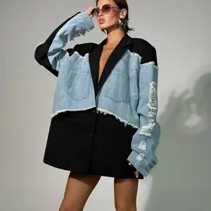 Women's worn-out denim patch black sports jacket, niche, designer style loose casual color blocked jacket, suitable for spring, autumn, and winter wear