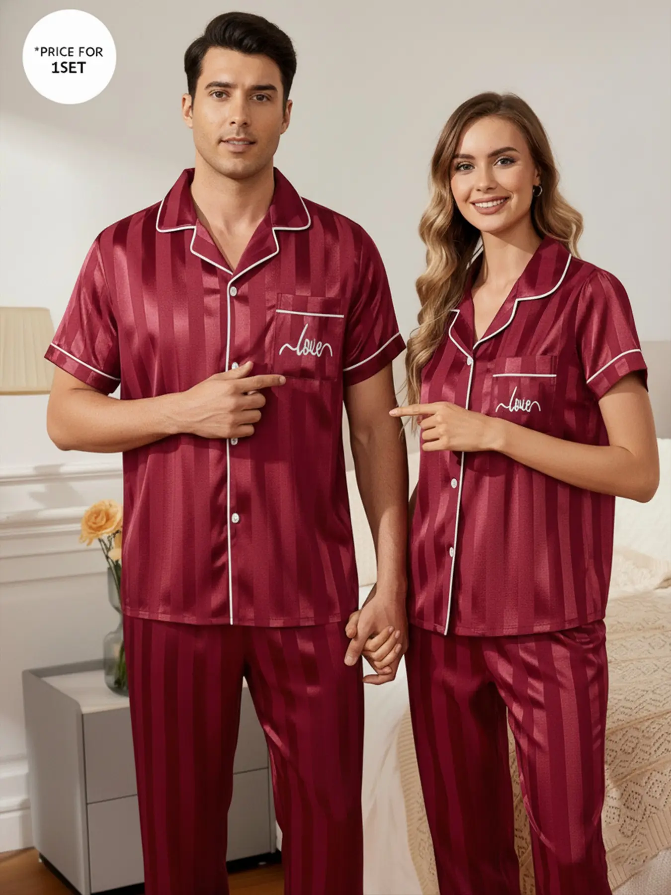 Couple Matching Summer Short Sleeve Long Pants Set, Ice Silk Thin Casual Two-Piece Pajama Set, New Style Sleepwear for Men and Women, Lady Clothes, Couple Clothing Set