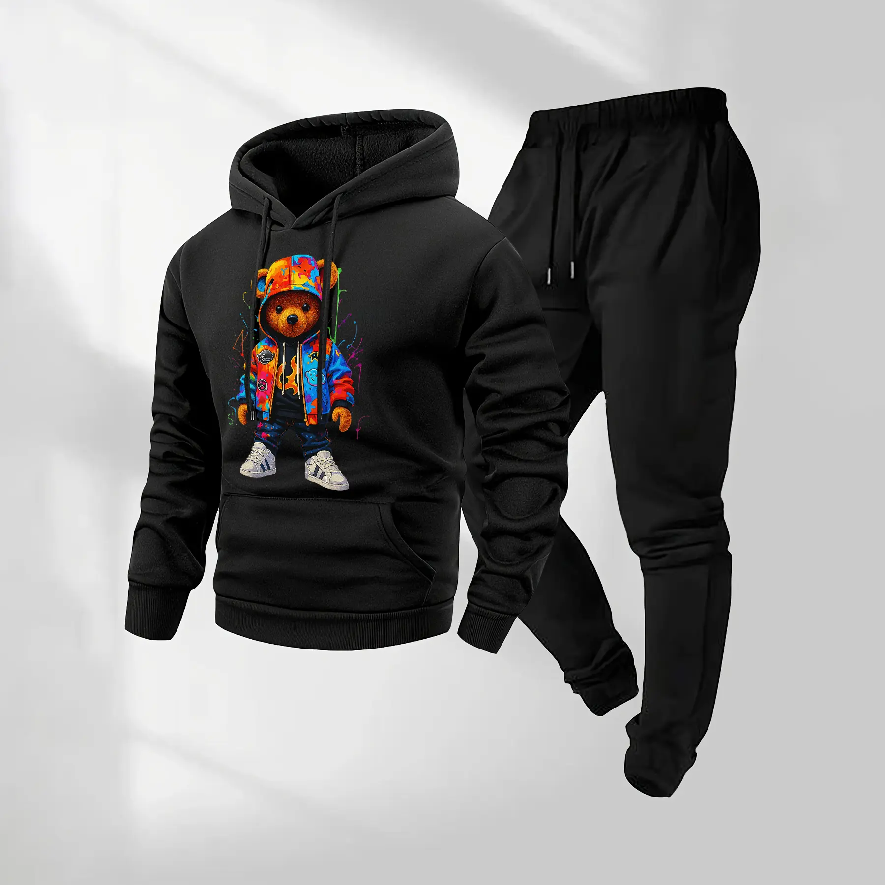 Men’s Loose-Fitting 2-Piece Long Sleeve Knit Ink Splatter Cartoon Bear Hoodie & Drawstring Track Pants Set - Workout Set, Streetwear Tracksuit, Sporty Style Fall Winter Activewear with Pockets, Machine Washable, Streetwear Tracksuit Set