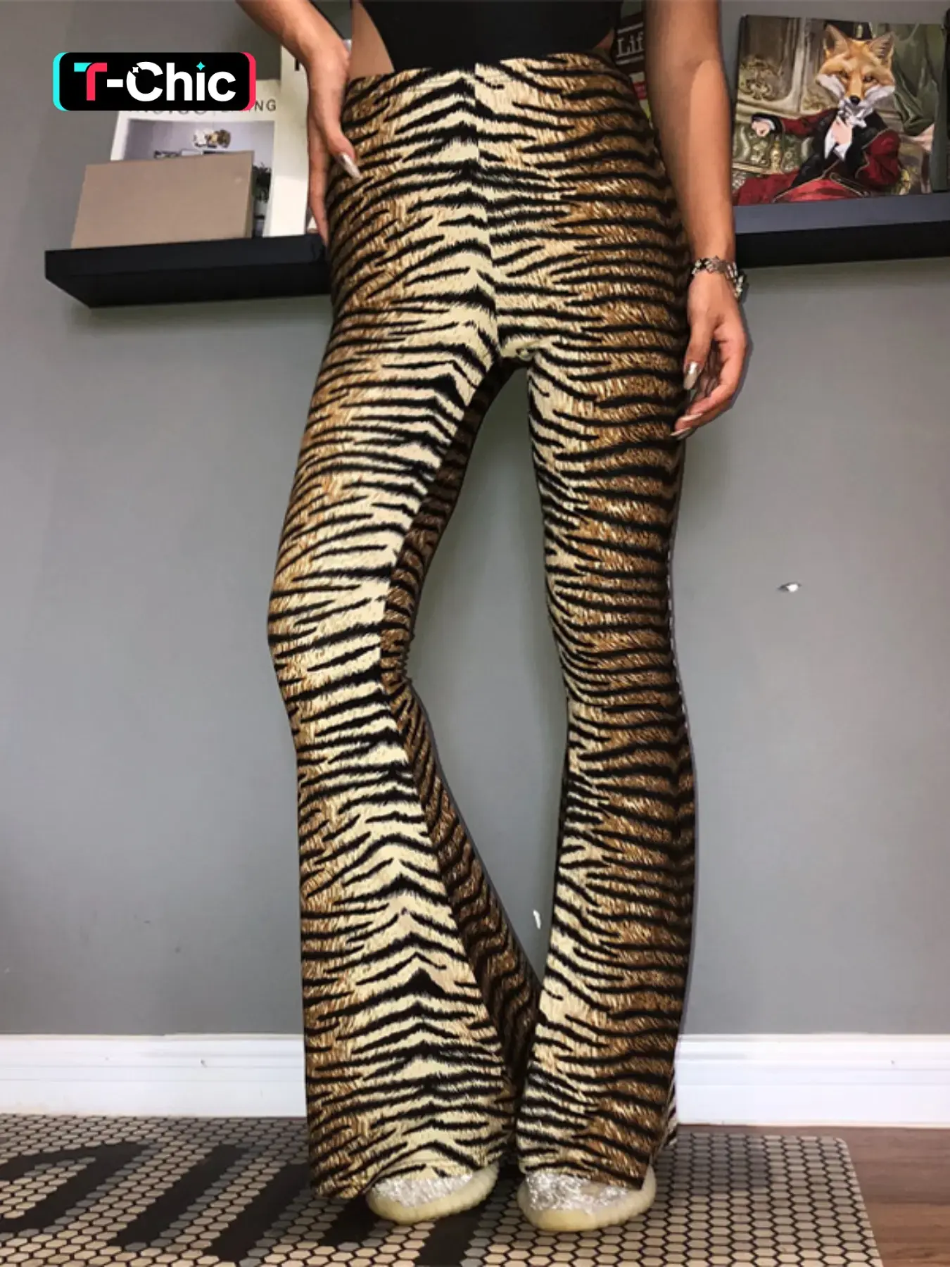 Women's Leopard Print High Waist Knitted Fit Flare Leg Pants, Street Style Bell Bottom Trousers For Party Club, Ladies Bottoms For All Seasons Statement Womenswear, Street Fashion Trousers