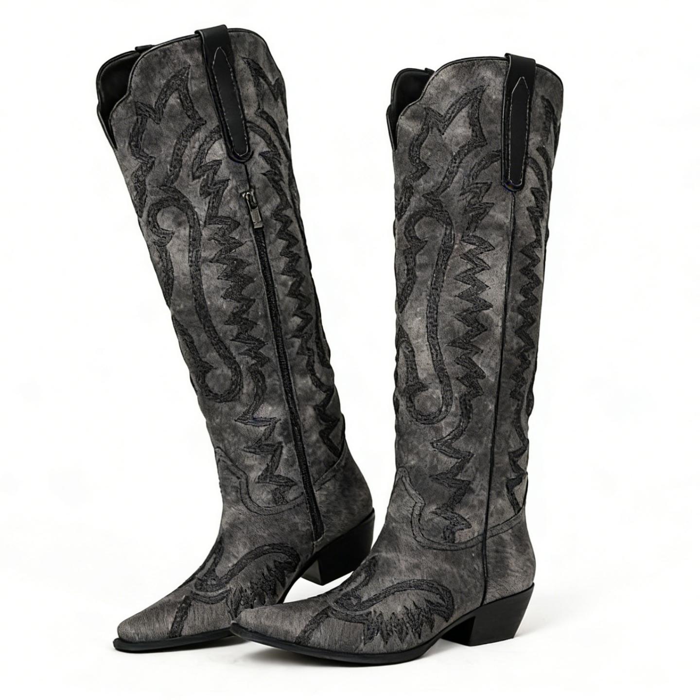 EROCALLI Women's Western Cowboy Chunky Heels Boots Knee High Vintage Style  Piont-Toe Embroidered Pointed Toe Cowgirl Boots with Intricate Pattern Side Zipper Boots for Casual Festival Daily Wear Fashionable Durable Footwear fall shoe shopping