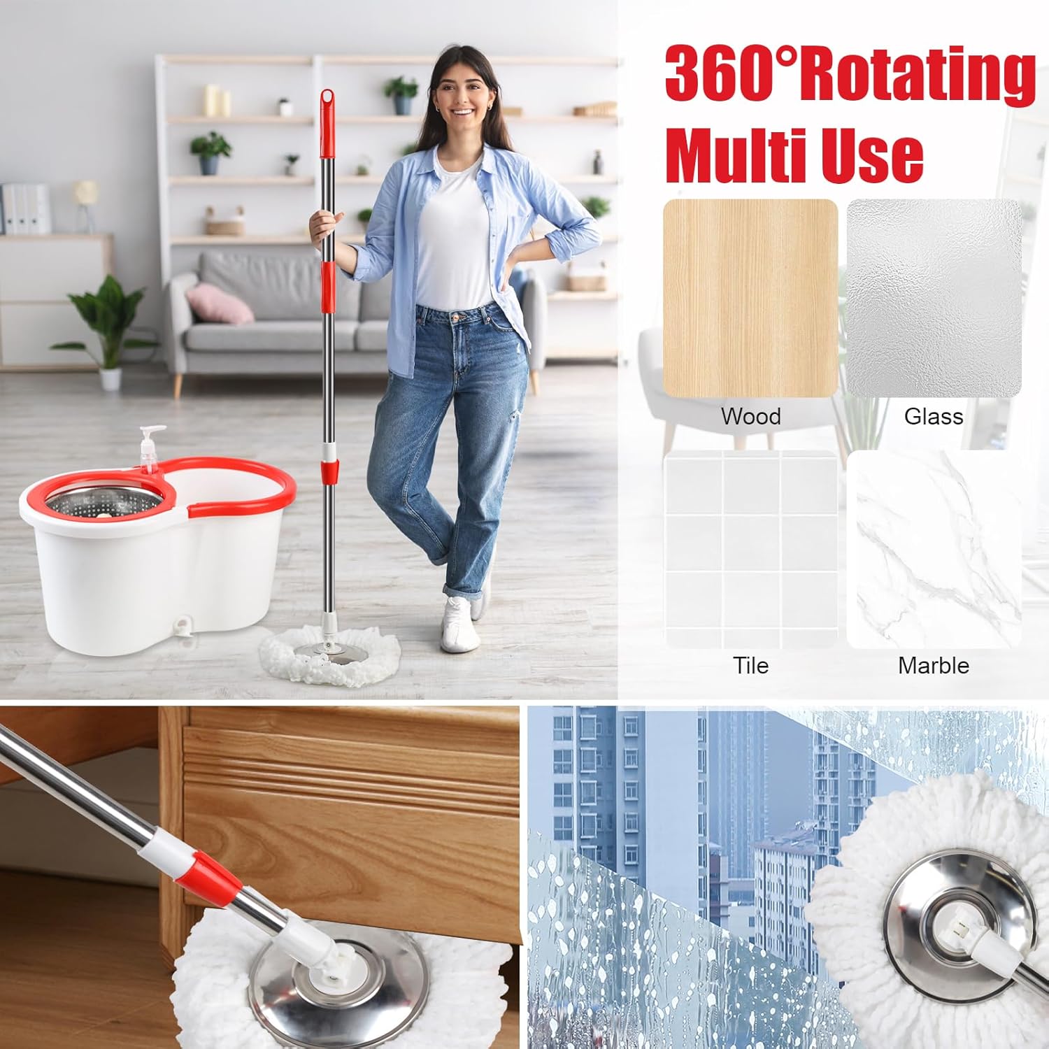 Spin Mop Bucket System with Replacment Brush & 6 Microfiber Refills Self Wash Mop Bucket for Efficient Cleaning Household Tools Christmas Gifts