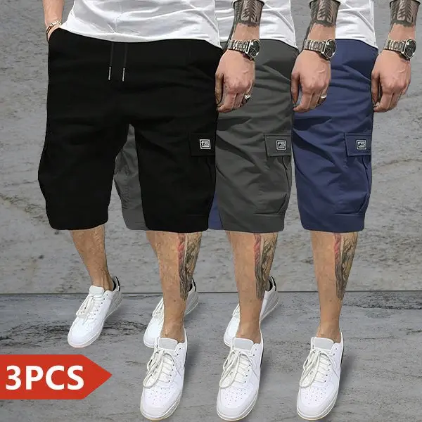 3-pack men’s cargo shorts, casual 7/8 length, drawstring cargo shorts, lightweight loose fit with multiple pockets, functional shorts suitable for everyday summer wear, no back pocket, 100% polyester, non-stretch