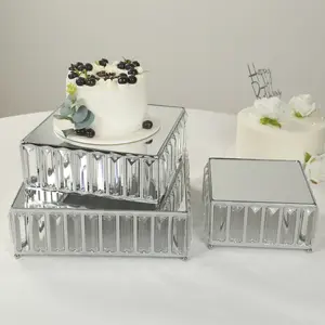 Set of 3 Crystal Pendant Silver Metal Cake Stands, Stackable Square Dessert Display Trays with Mirror Top - 7",10",12"