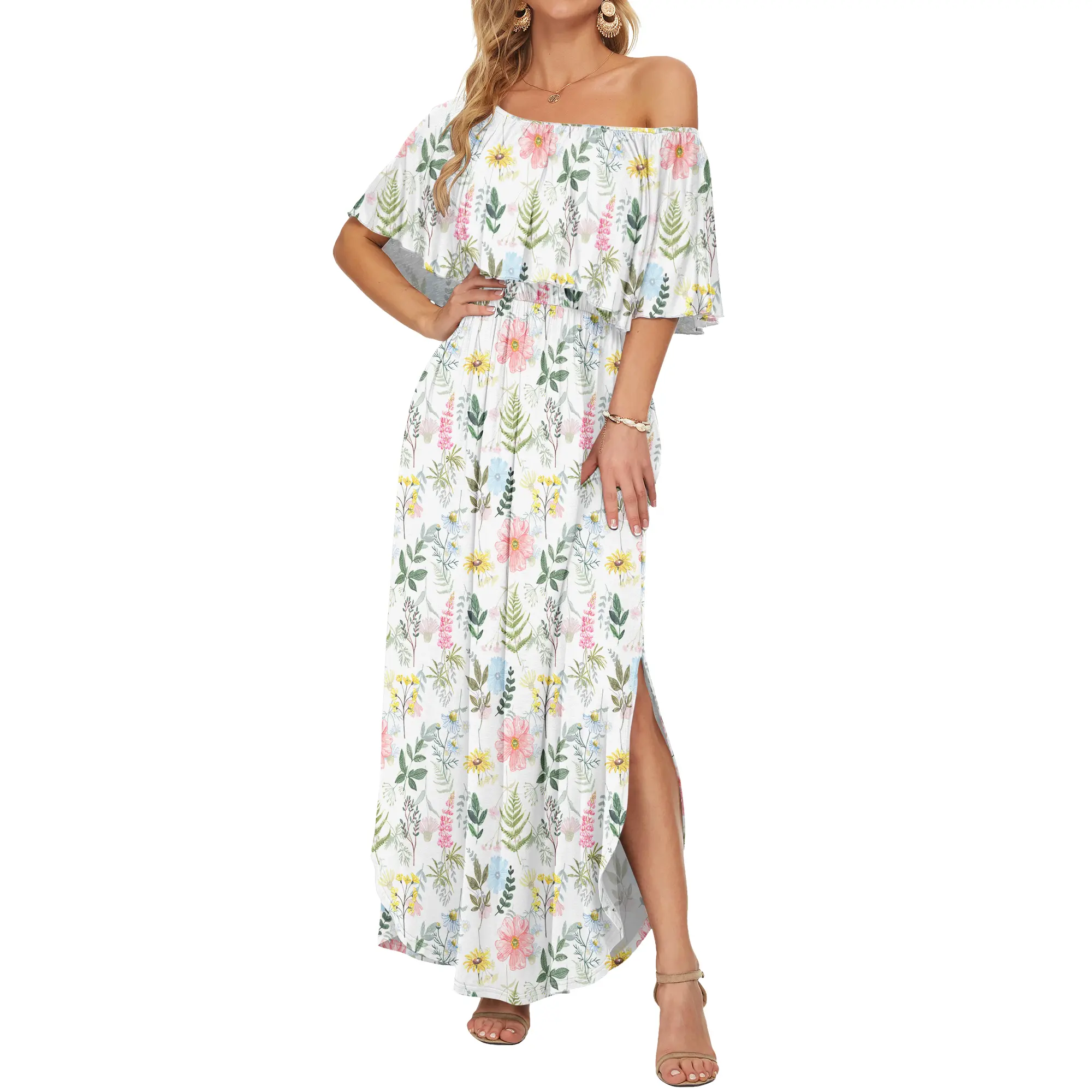 AUSELILY Women's Plus Size Off The Shoulder Dress Wedding Guest Dress Summer Casual Long Ruffle Party Side Split Beach Maxi Dresses with Pockets
