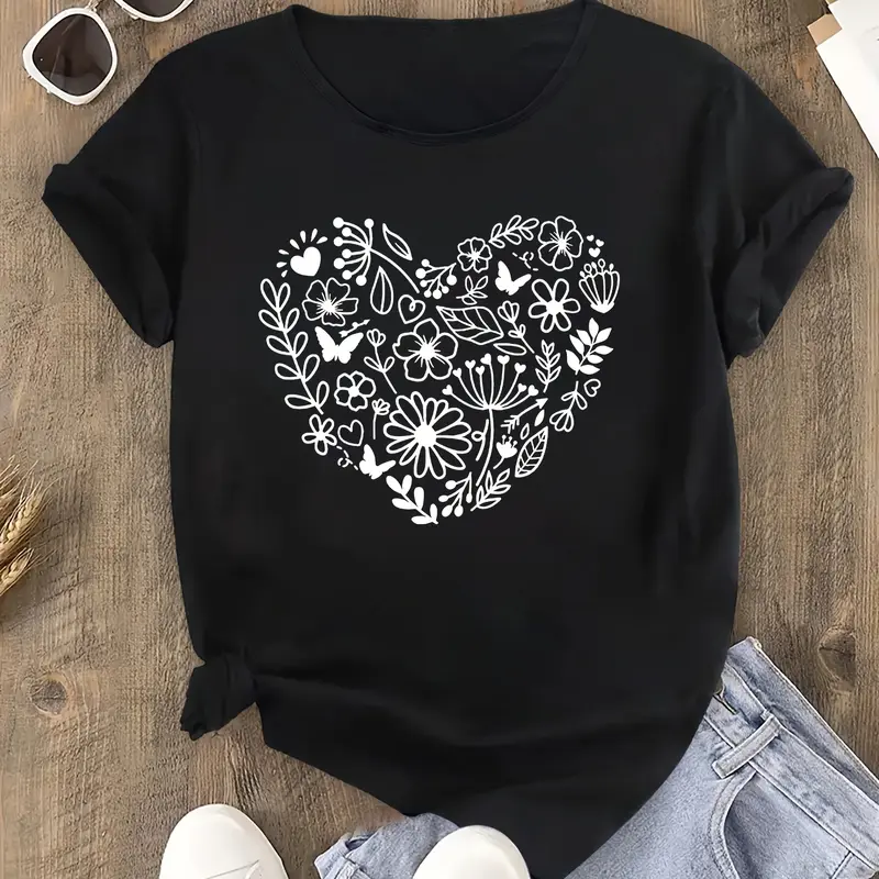 Women's 100% Cotton 220g Short-Sleeve Round Neck Loose-Fit Graphic T-Shirt - 2025 New Flower Heart Print, Style-Focused Casual Athletic All-Seasons Soft Versatile Streetwear Black Top