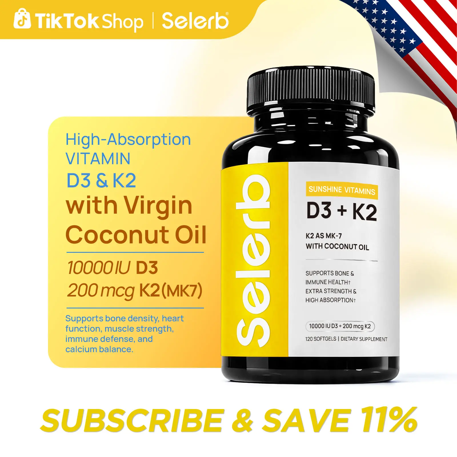 Selerb Vitamin D3 K2 – 10,000 IU D3 + 200 mcg MK-7 with Virgin Coconut Oil – Bone, Heart & Immune Support – 120 Softgels High Potency Supplement Daily Dietary Supplement Curated Supplements Lean Muscle Booster