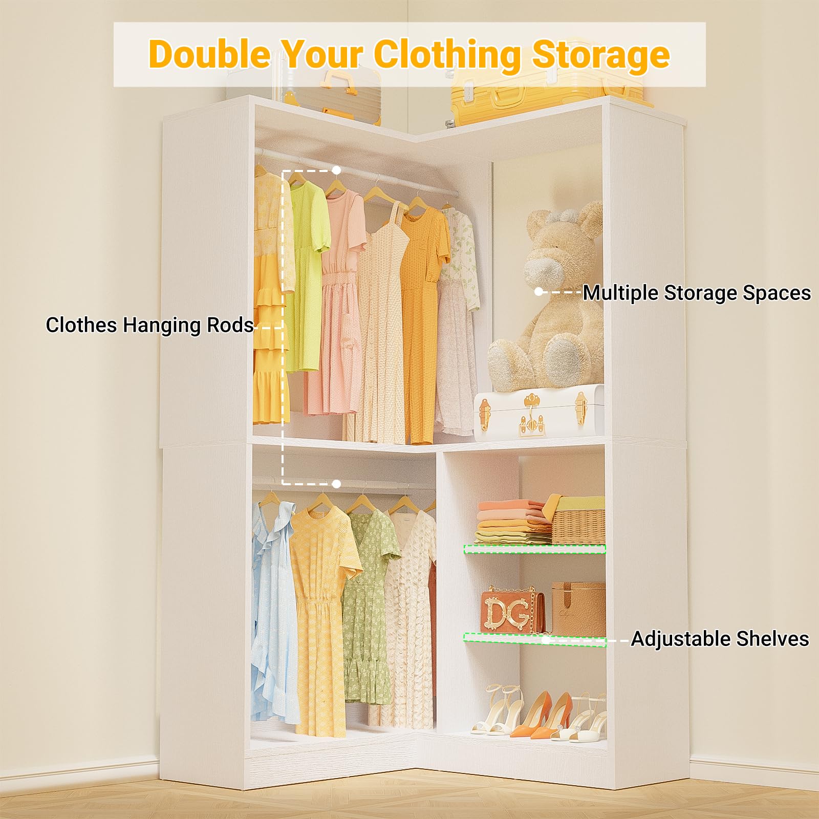 Corner Walk-In Closet Organizer System Set, 36 Inch Large Freestanding Closet Organizer System with 2 Hanging Rods and Storage Shelves, Sturdy Walk-in Closet Tower, White Freestanding Closet with Drawers and Rod for Organized Storage