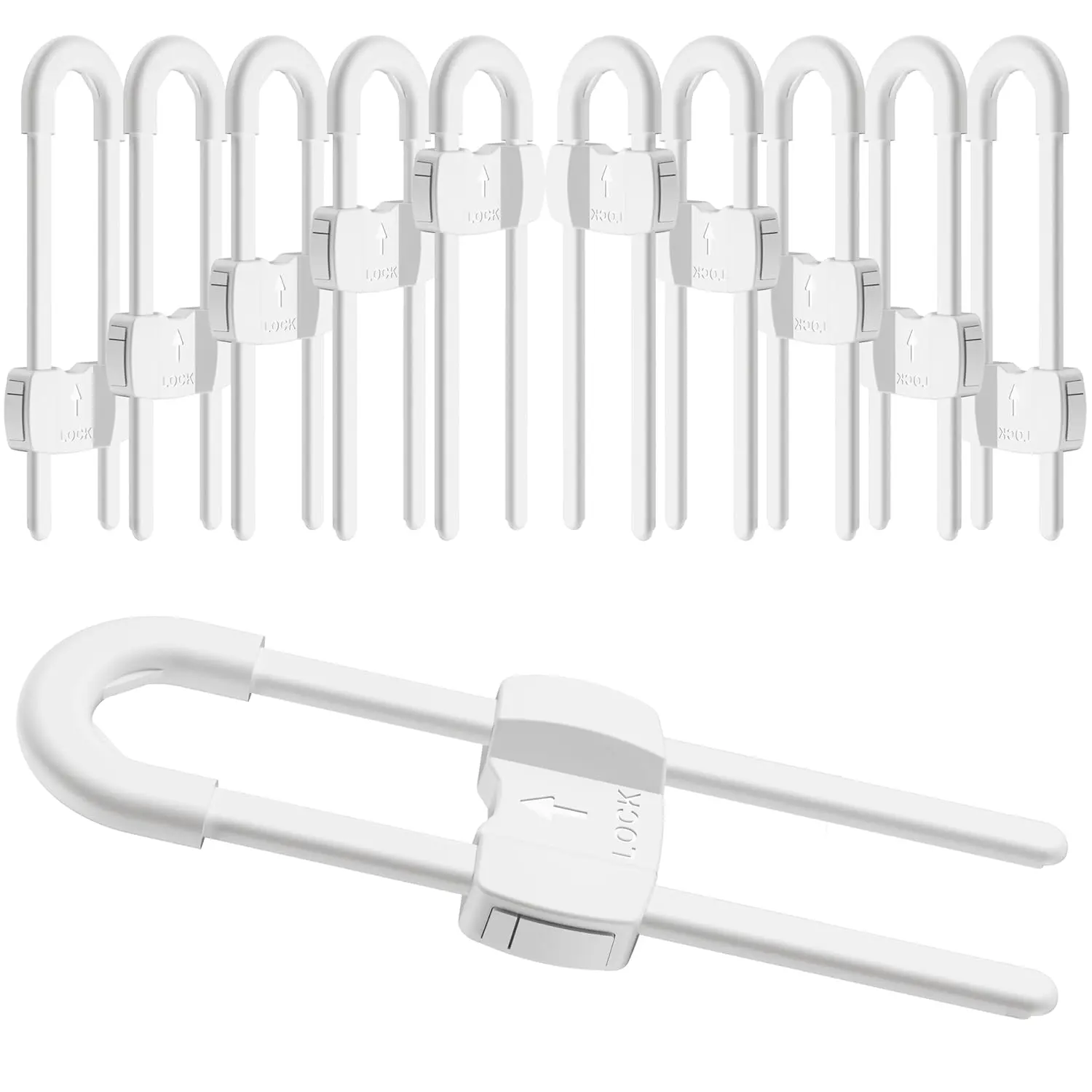 (10 pack white) 4 button Cabinet Locks, U-Shaped Proofing Drawers Safety  Locks Adjustable, for Wardrobe,Kitchen,Bathroom,Drawer,Fridge,Cupboard Doors Knobs & Handles