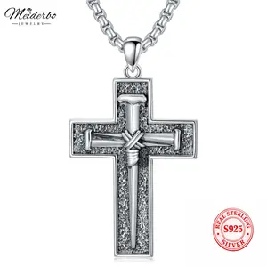 MEIDERBO Three Nail Cross Necklace 925 Sterling Silver 3 Nail Cross Pendant Christian Jewelry Gifts for Men 22+2"