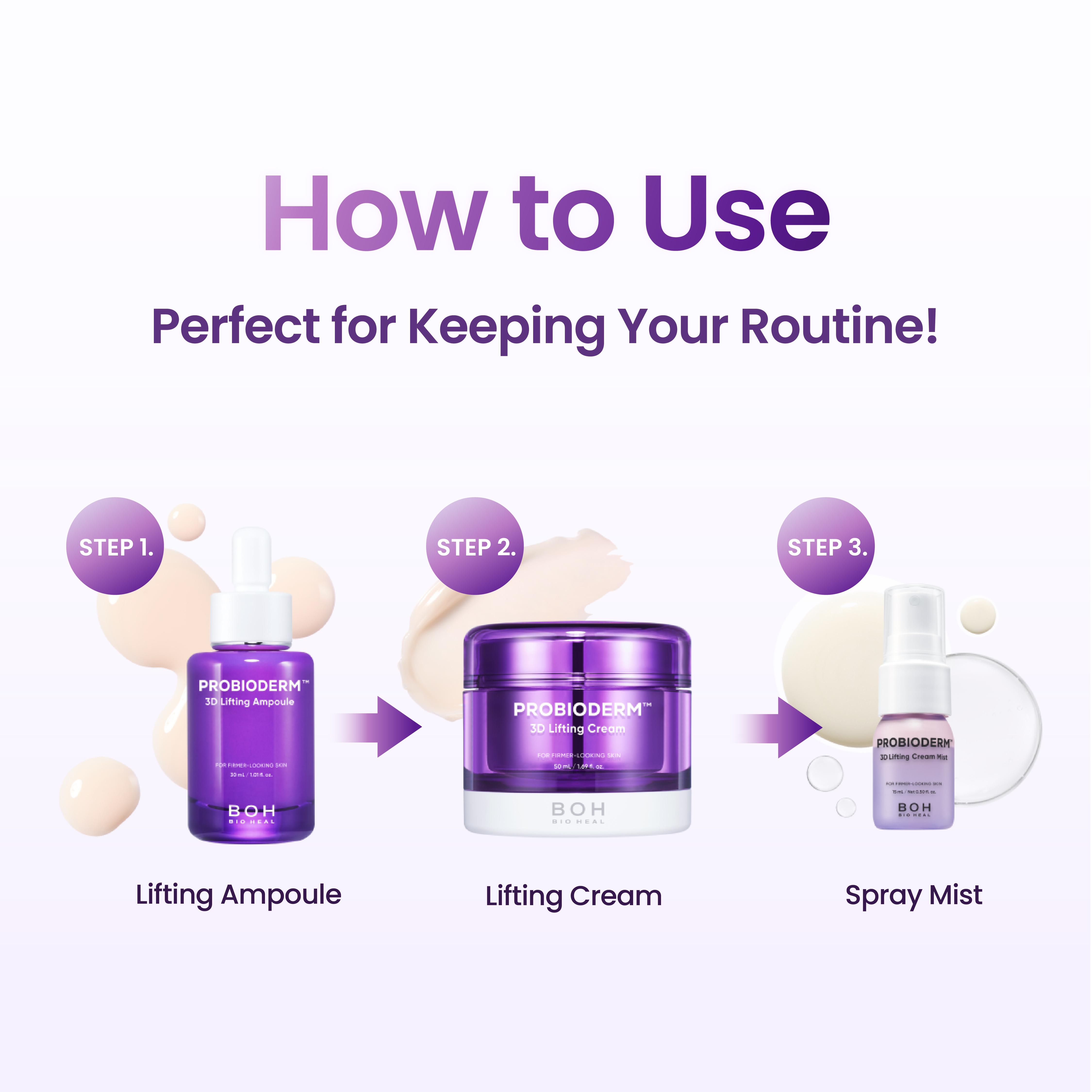 BIOHEAL BOH Probioderm 3D Lifting Skincare Set | Anti-Aging Face Moisturizer Night Cream, Ampoule & Facial Serum Spray | Korean Skin Care Kit for Firming & Hydration | K Beauty Gift Set for Women