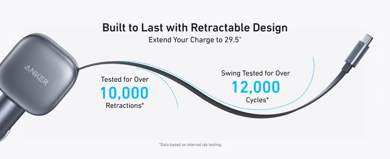 Anker USB-C Car Charger, 75W Max Fast Charging, Sleek and Compact Design with Retractable Cable, for iPhone 17 / 16 / 15 Series, Samsung S24 / S23, MacBook, and More