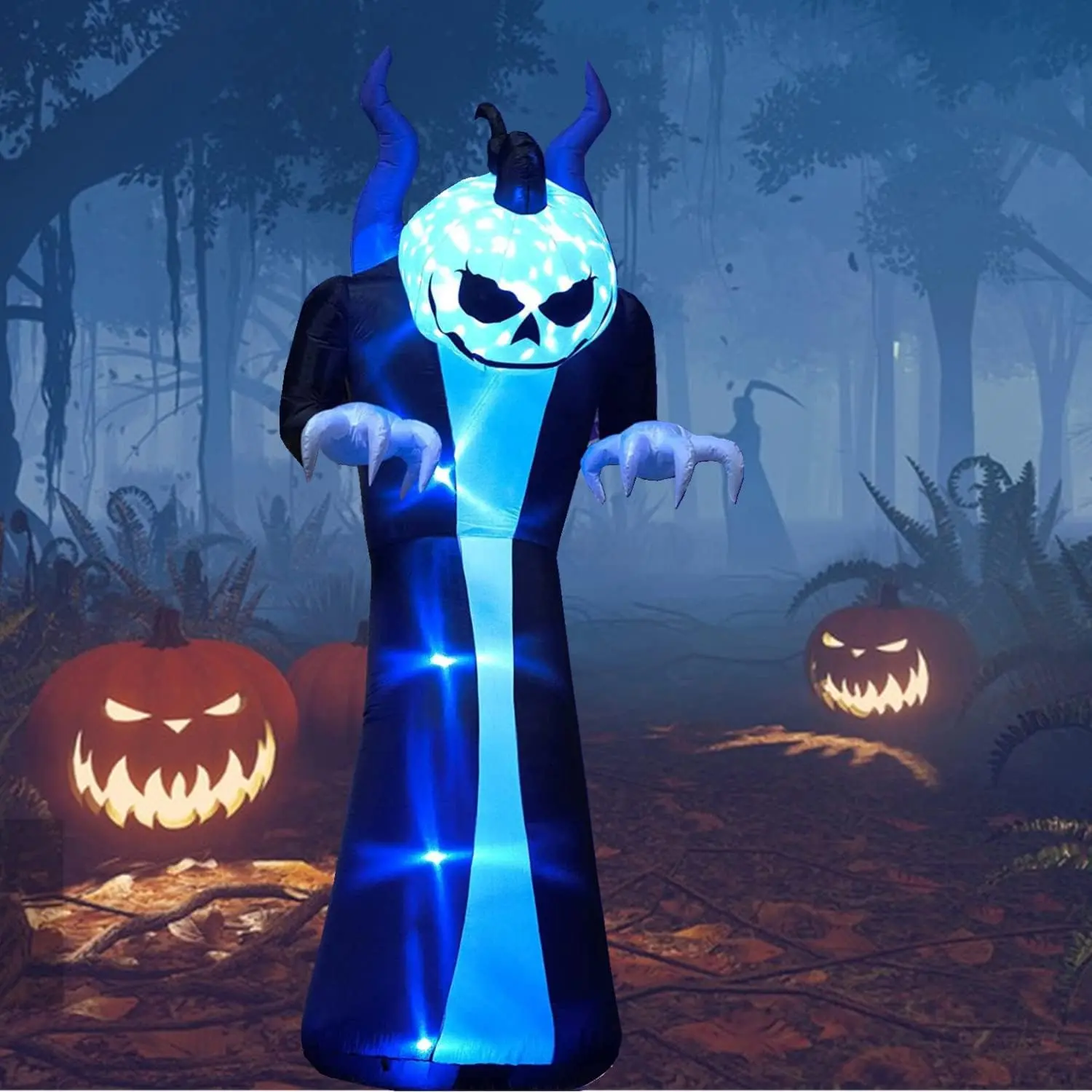 Ubesgoo 12FT Spooky Giant Halloween Inflatable Grim Reaper Decor - Jack-o'-Lantern Pumpkin Head, 3-Color LED Flame Lights, for Holiday Party, Garden Decor